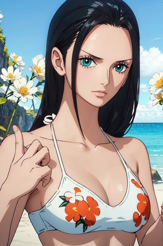 beste Qualität, Meisterwerk, über das Meer,1 Mädchen (((Weißer Bikini-Badeanzug、Blumen bedruckt)))、Schönes Sonnenlicht am Strand, One Piece-Charakter Nico Robin, langes schwarzes Haar, extrem schön, den Betrachter anschauen, Im Bikini stehen.(Top Qualität, 8K, Meisterwerk:1.3)), Ein Auge fürs Detail, (von vorne betrachtet), Schau in die Kamera, ((Alles funkelt、Licht reflektieren:1.2)), (bestes Verhältnis: 4 Finger, 1 Daumen), (Porträt), 1 Person, Nico Robin ((ein Stück)), Schöne Frau mit perfektem Körper, Hochdetaillierte Gesichts- und Hautstruktur,Tragen von Accessoires auf dem Kopf, alle Finger zeigen auf den Betrachter,(((Schöner weißer Bikini)))