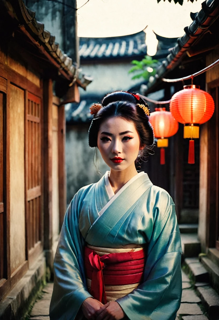 half body, front view, Cinematic portrait movie scene, Julibrary 3: A beautiful young Geisha in the streets of Hanoi, grungy walls, poors houses, japanese lanterns, crepuscular light, Fujifilm Provia 100F, Fujifilm X100V, Light leaks, 36K, Analog Style