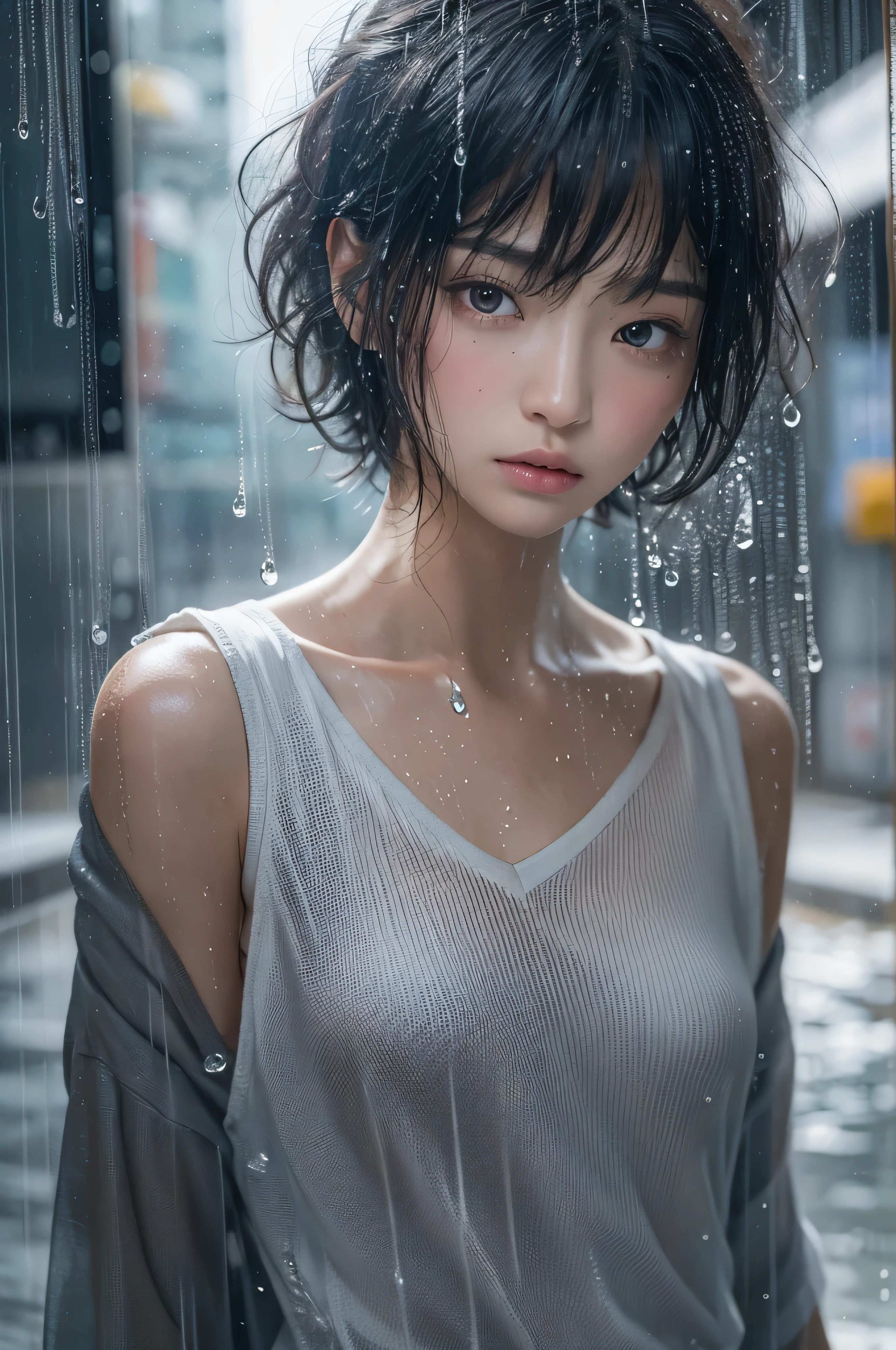 highest quality, masterpiece, 超A high resolution, Photorealistic, Raw photo, ((Beautiful woman)), 14 years old, Japanese, Black Hair, Straight Short Hair, Detailed face, Beautiful Eyes, Depth of written boundary, City streets, Raindrops, White T-shirt with V-neck, A thin T-shirt that becomes transparent when wet, Medium bust, Faint lips, Wet your hair, Wet body, Water droplets on the skin, (Look into the viewer&#39;s eyes),