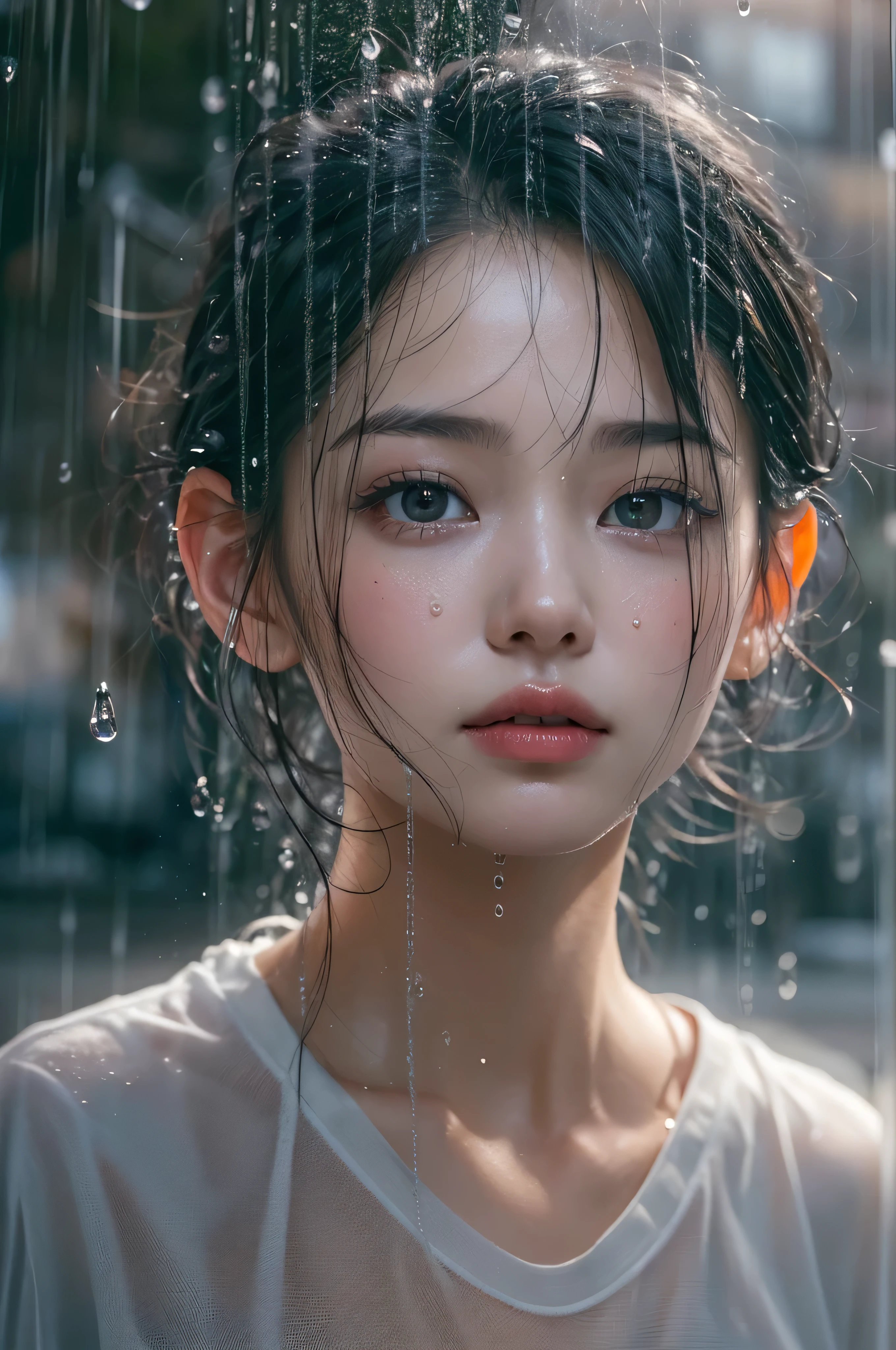 highest quality, masterpiece, 超A high resolution, Photorealistic, Raw photo, ((Beautiful woman)), 14 years old, Japanese, Black Hair, Straight Short Hair, Detailed face, Beautiful Eyes, Depth of written boundary, City streets, Raindrops, White T-shirt with V-neck, A thin T-shirt that becomes transparent when wet, Medium bust, Faint lips, Wet your hair, Wet body, Water droplets on the skin, (Look into the viewer&#39;s eyes),