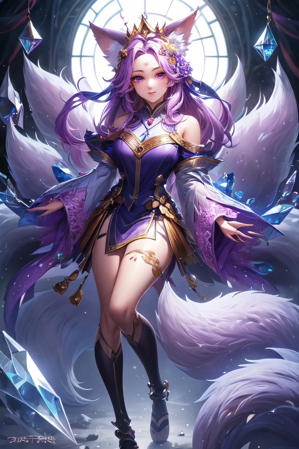 ((best quality)), ((masterpiece)), (detailed), detailed eyes, detailed hands, full-body, humanoid kitsune, diamond crown, light purple hair, light purple fox ears, crystal fox tails, flower forehead marking