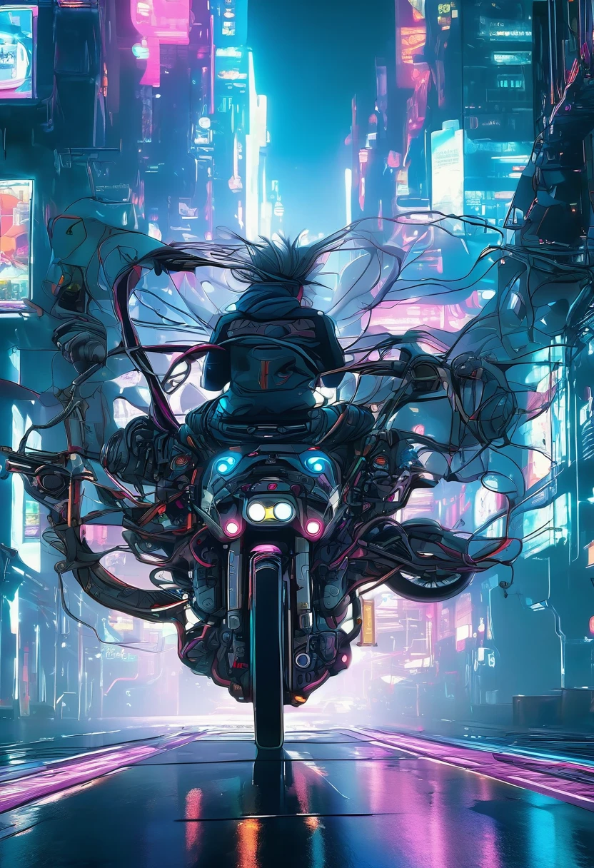 Detailed Cyberpunk Bike, Futuristic bikes, Running on the road, Bike seen from behind, One person riding a bike, Intricate details, High resolution, 8K, PhotoRealistic, Super detailed, Cinema Lighting, Dynamic Motion Blur, shortage々New urban environment, Neon Light, Glowing cybernetic elements, Chrome accents, Weathered textures, Mechanical design, Complex Machinery, Industrial cityscape, Moody color palette, (Highest quality,4K,8K,High resolution,masterpiece:1.2),Super detailed,Sharp focus,(Realist,photoRealist,photo-Realist:1.37), very nice,Intricate details,Strong lighting,Dramatic lighting,Changing the lighting,Cinema Lighting,Chiaroscuro lighting,Dramatic Shadows,dramatic moment,Vibrant colors,Intense colors,Deep contrast,Cinematic depth of field,Structure of the film,Cinematic camera angles