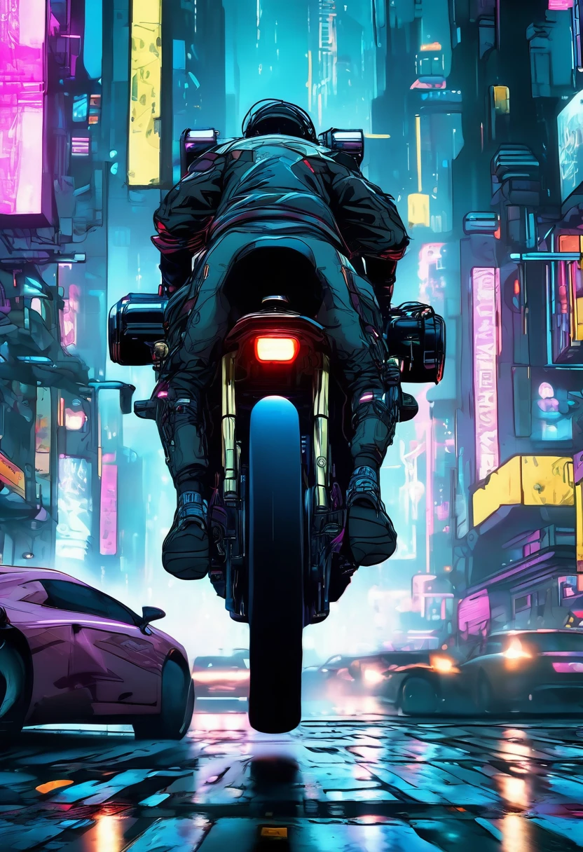Detailed Cyberpunk Bike, Futuristic bikes, Running on the road, Bike seen from behind, One person riding a bike, Intricate details, High resolution, 8K, PhotoRealistic, Super detailed, Cinema Lighting, Dynamic Motion Blur, shortage々New urban environment, Neon Light, Glowing cybernetic elements, Chrome accents, Weathered textures, Mechanical design, Complex Machinery, Industrial cityscape, Moody color palette, (Highest quality,4K,8K,High resolution,masterpiece:1.2),Super detailed,Sharp focus,(Realist,photoRealist,photo-Realist:1.37), very nice,Intricate details,Strong lighting,Dramatic lighting,Changing the lighting,Cinema Lighting,Chiaroscuro lighting,Dramatic Shadows,dramatic moment,Vibrant colors,Intense colors,Deep contrast,Cinematic depth of field,Structure of the film,Cinematic camera angles