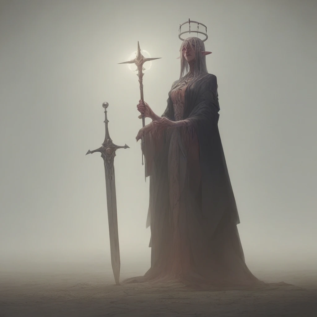 Woman holding a giant sword,Black Robe, Decayed ornaments,Gives a sense of fear to those who see it, Once known as the Sword Saint,In charge of divine punishment, Strong feeling, I am aware of this, pale colour, Highest quality, Horror, Corpses all around,Dark light with ruined castle in the background, Sharpen lines, finely, high resolution, 4K