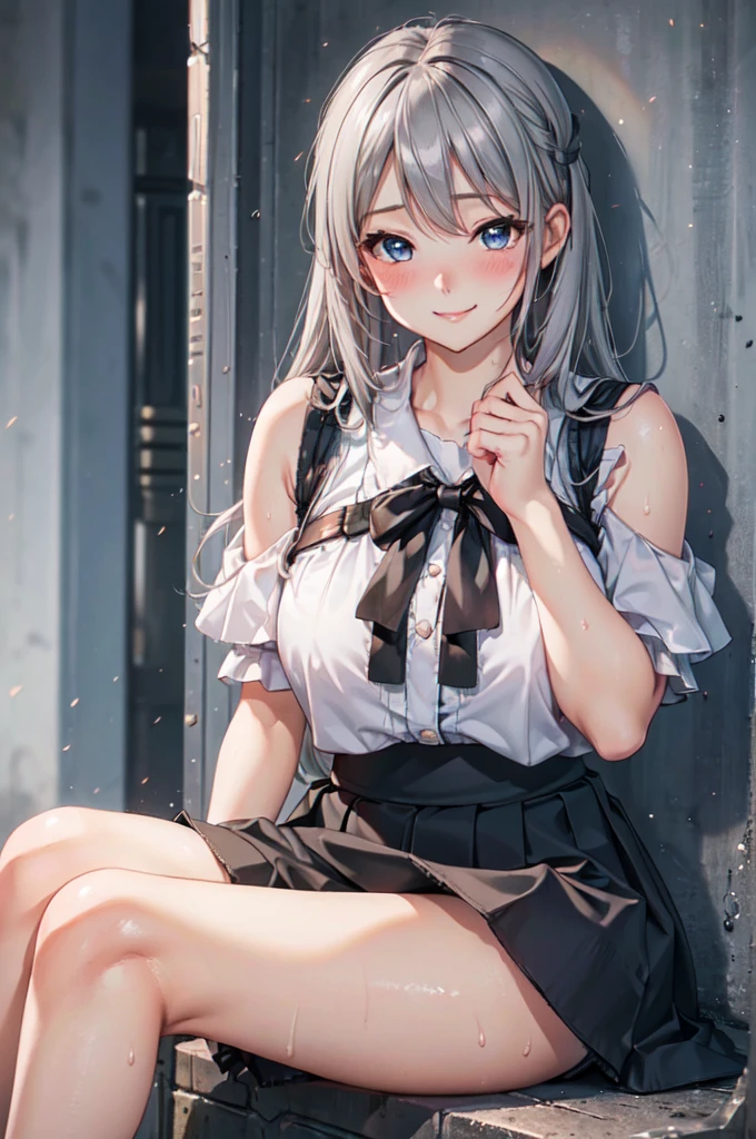 (high quality, High resolution, Fine details), Realistic, Landmine girly fashion, (Sitting), (Holding my knees), panty shot, alone, Curvy Women, Gray Hair, Sparkling eyes, (Fine grain:1.2), smile, blush, Sweat, Oily skin, Shallow depth of field, (Lift your skirt yourself:1.1)