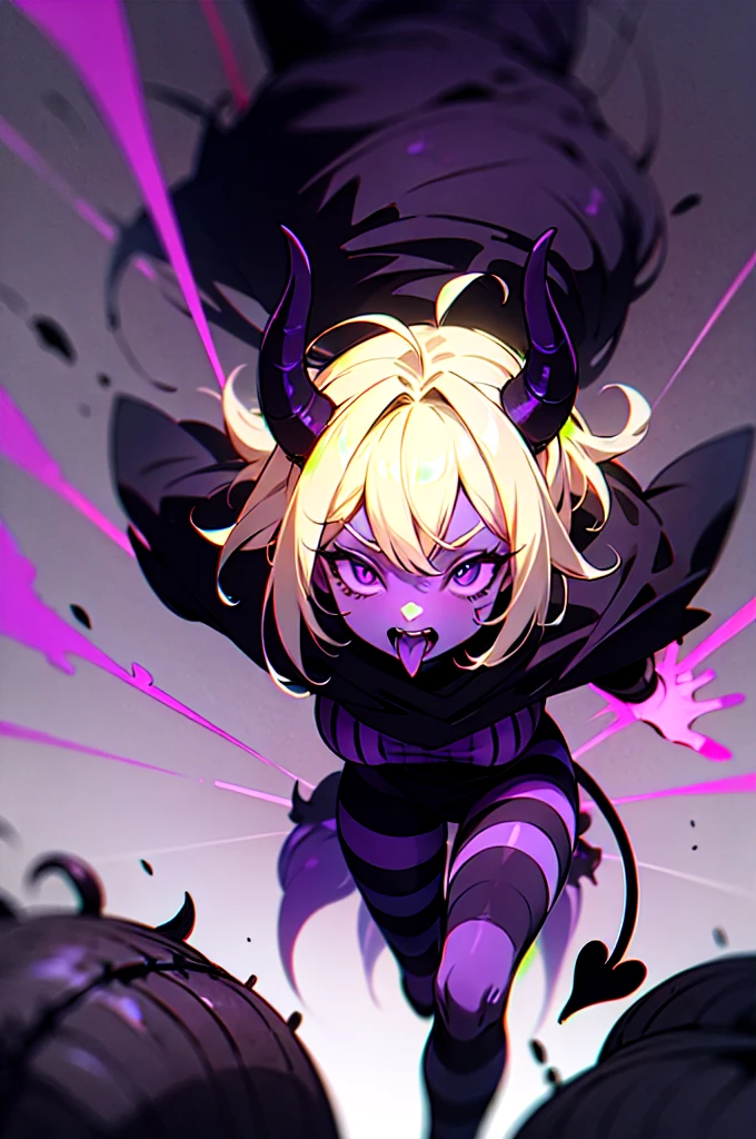 black demon woman with black skin, purple stripes, purple eyes, short black horns, terrifying mouth, purple energy, purple ripped pants, tail, dark gray cape, blonde hair with black, with two purple balls with white stripes in one hand