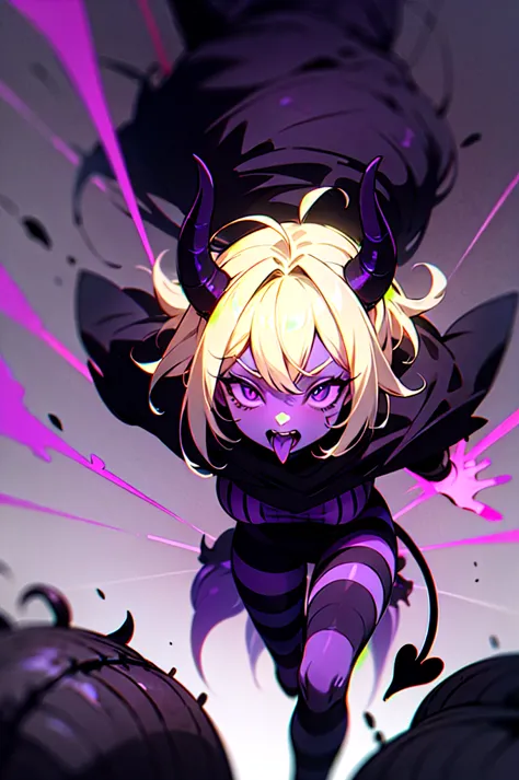 black demon woman with black skin, purple stripes, purple eyes, short black horns, terrifying mouth, purple energy, purple rippe...