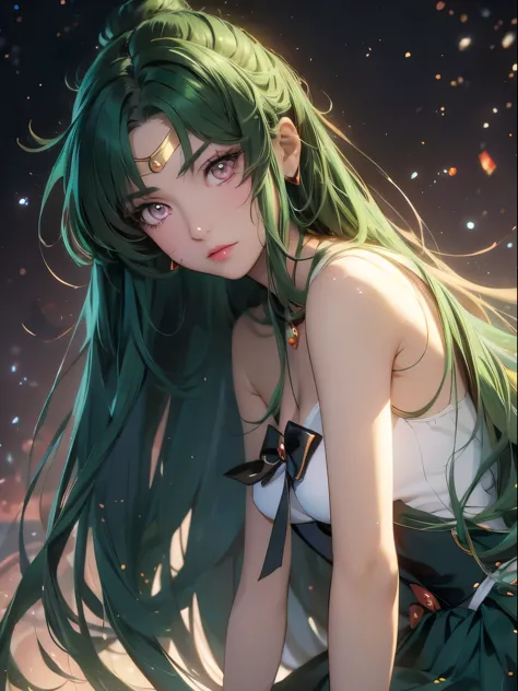 sailor pluto, 1 girl, dark green hair, long hair, brown eyes, detailed eyes, simple background, female focus, alone, Standing, S...