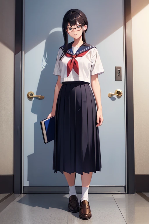Anime Art、Full body portrait、high school student、A well-built woman, about 175cm tall and about 18 years old, wearing a short-sleeved sailor uniform, walking with a book、Smiling、Hairstyle is medium、Black Hair、Glasses、Brown eyes、Flat chest、loafers、legs are thick、Long skirt that reaches down to the ankles、Black Pantyhose