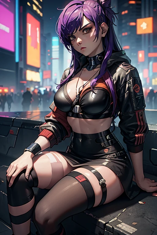 Shez feminina em roupas cyberpunk em um ambiente cyberpunk