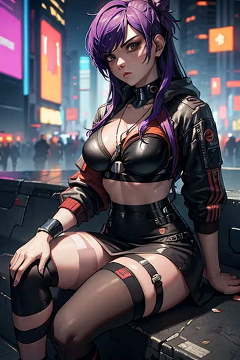 Female Shez in cyberpunk clothing in a cyberpunk setting