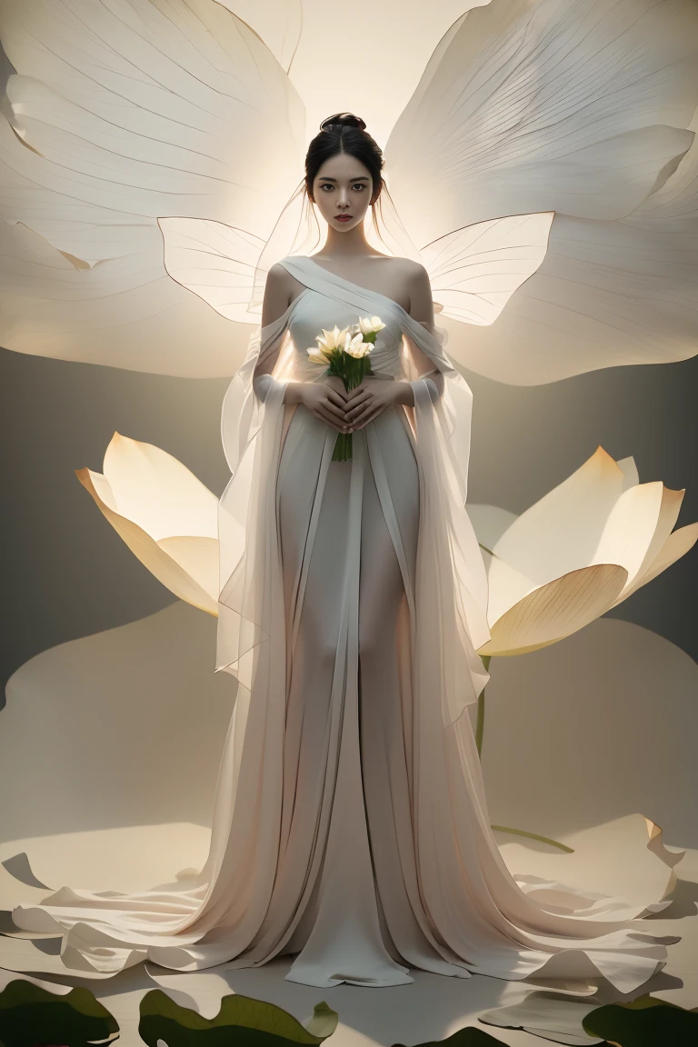 Axisymmetric:2，Front view，Symmetrical composition，Light pink and light white,Full body female,  White background, Natural Lighting, Lighting Effects, The Minimalists, elegant, Pure tenderness, Soft lighting, Realistically. woman (clavicle, Shoulders,) Place in (pray and stand) super giant lotus，The petals are big and long (The petals are very thin, Soft gauze, Full background of flowing petals, Floating petals, Super Flying Petals, Smoke and petals mixed effect), lotus dress,((view)).lotus_leaf_Fairy，Anatomically correct，((best quality)), ((masterpiece)), ((Practical))masterpiece, absurd,Award-winning photos, Extremely detailed, Astonishing, Fine details, Extremely detailed eyes and 脸, author：lee jeffries Nikon d850 film stock photos 4 Kodak portra 400 camera f1.6 lenses，colorful，Ultra-realistic，Lifelike，Dramatic lighting，Unreal Engine，