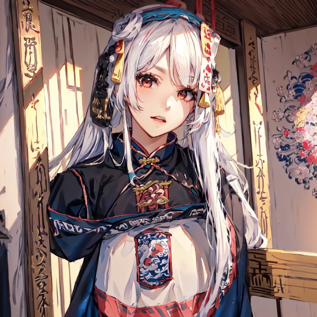 Woman with long white hair wearing black top and blue skirt, Japanese Goddess, Anime Girl Cosplay, White Ji haircut, palace ， Girl wearing Hanfu, Deer Meet, Hanfu, Anime role playing, In line with Chinese aesthetics, 穿着Chinese Clothing, Chinese Clothing, Chinese, black hime cut hair, Chinese Girl, anime-inspired