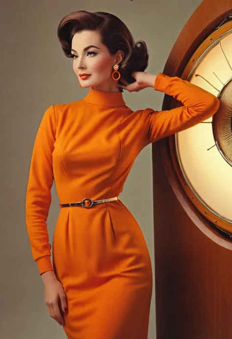 fashion cinematic photo of one solo woman embrace the elegance of the 60s with a fitted orange dress featuring a high neckline a...