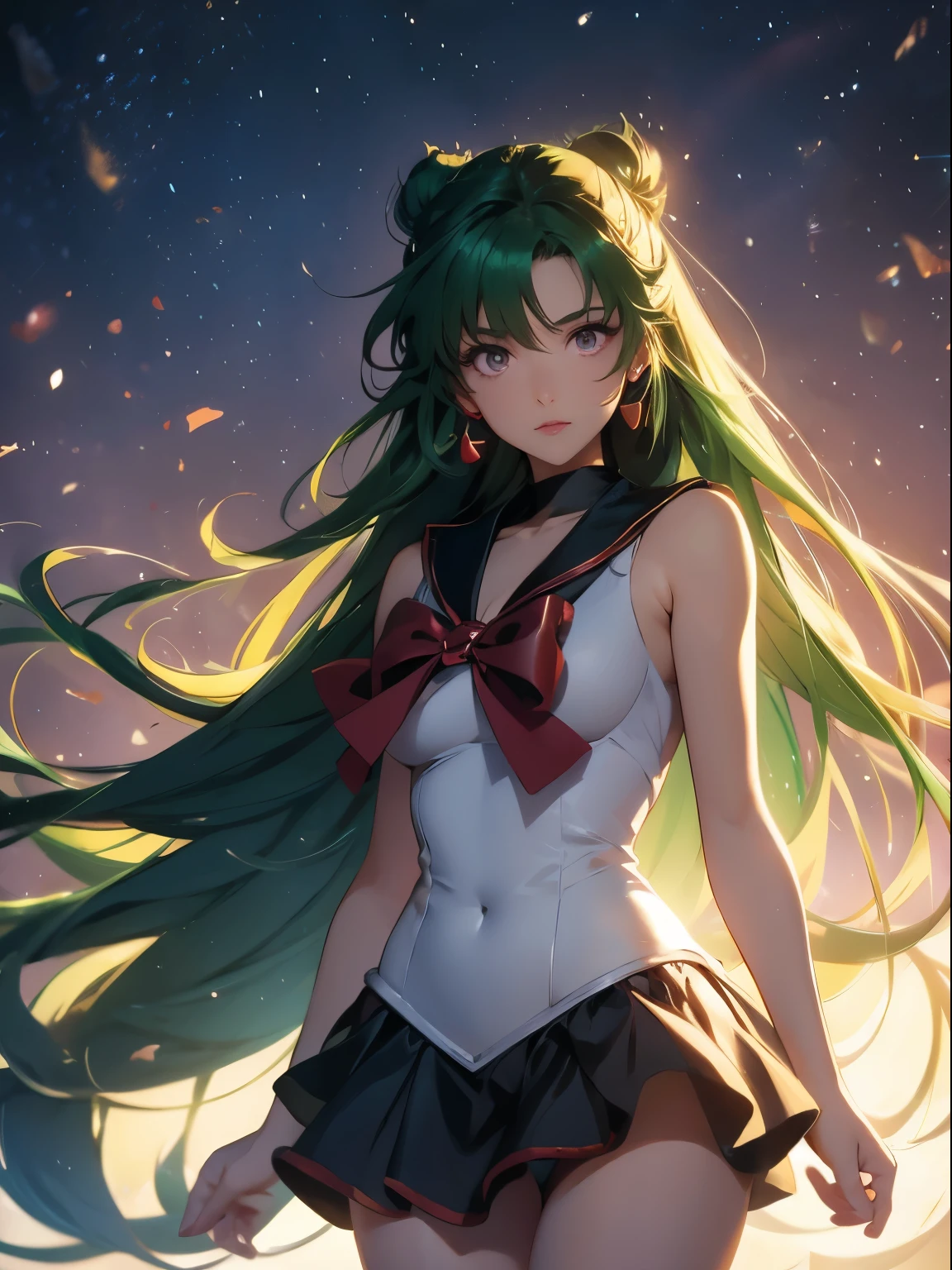 sailor pluto, 1 girl, dark green hair, long hair, brown eyes, detailed eyes, simple background, female focus, alone, Standing, Setsuna Meio, portrait, full body, (Masterpiece:1.0), (best quality:1.0 ), (wallpaper 8k:1.0), (detailed beautiful face:1.0), (detailed deep eyes), deep eyes, looking at viewer, sailor scout, brown bow on chest, brown skirt, white gloves,