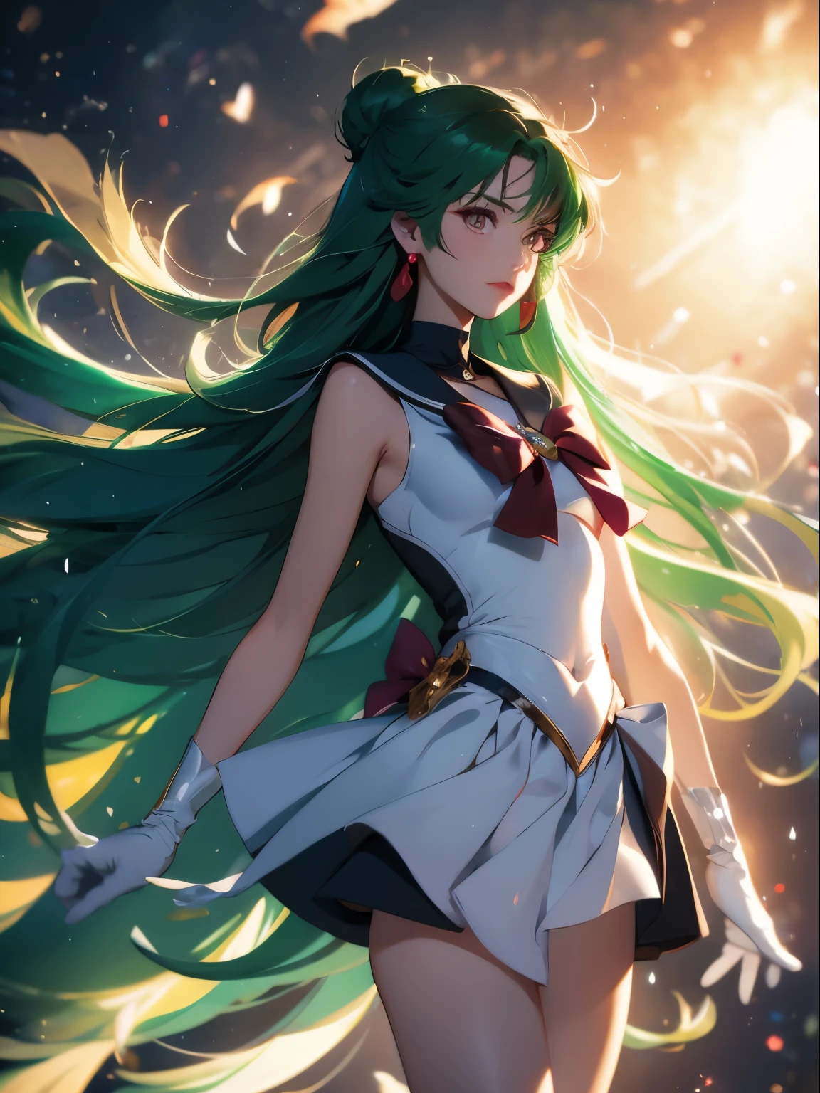 sailor pluto, 1 girl, dark green hair, long hair, brown eyes, detailed eyes, simple background, female focus, alone, Standing, Setsuna Meio, portrait, full body, (Masterpiece:1.0), (best quality:1.0 ), (wallpaper 8k:1.0), (detailed beautiful face:1.0), (detailed deep eyes), deep eyes, looking at viewer, sailor scout, brown bow on chest, brown skirt, white gloves,