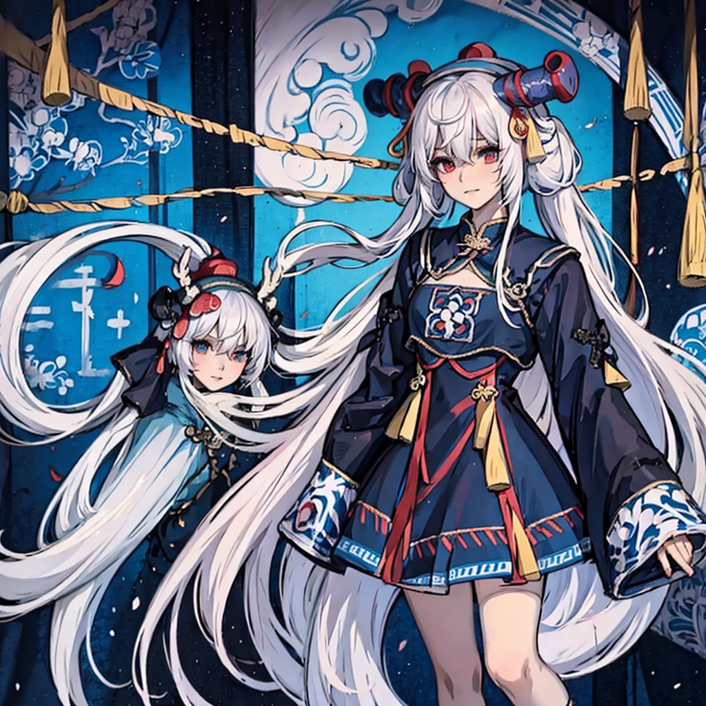 Woman with long white hair wearing black top and blue skirt, 独奏,Japanese Goddess, Anime Girl Cosplay, White Ji haircut, palace ， Girl wearing Hanfu, Deer Meet, Hanfu, Anime role playing, In line with Chinese aesthetics, 穿着Chinese Clothing, Chinese Clothing, Chinese, black hime cut hair, Chinese Girl, anime-inspired