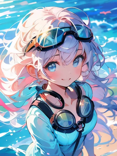 Beautiful illustration、top-quality、girl 、length hair、The bikini、A slight smil、(((goggles)))、beautiful ocean、Upper Body、((Composi...