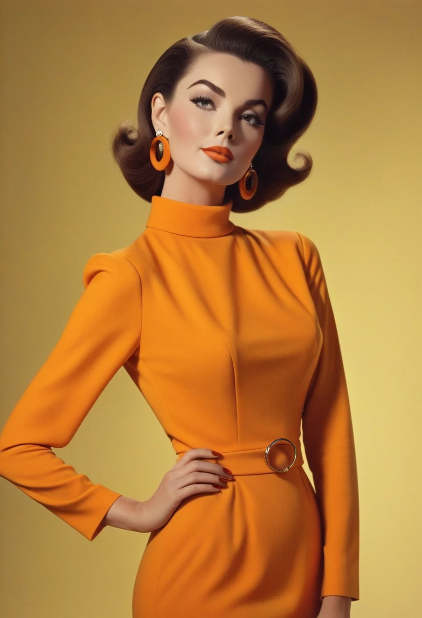 Fashion cinematic photo of ONE SOLO woman embrace the elegance of the 60s with a fitted orange dress featuring a high neckline and long sleeves. Style your hair in a vintage and hoop earrings for a touch of glamour. Vintage Glamour, in style of Gil Elvgren