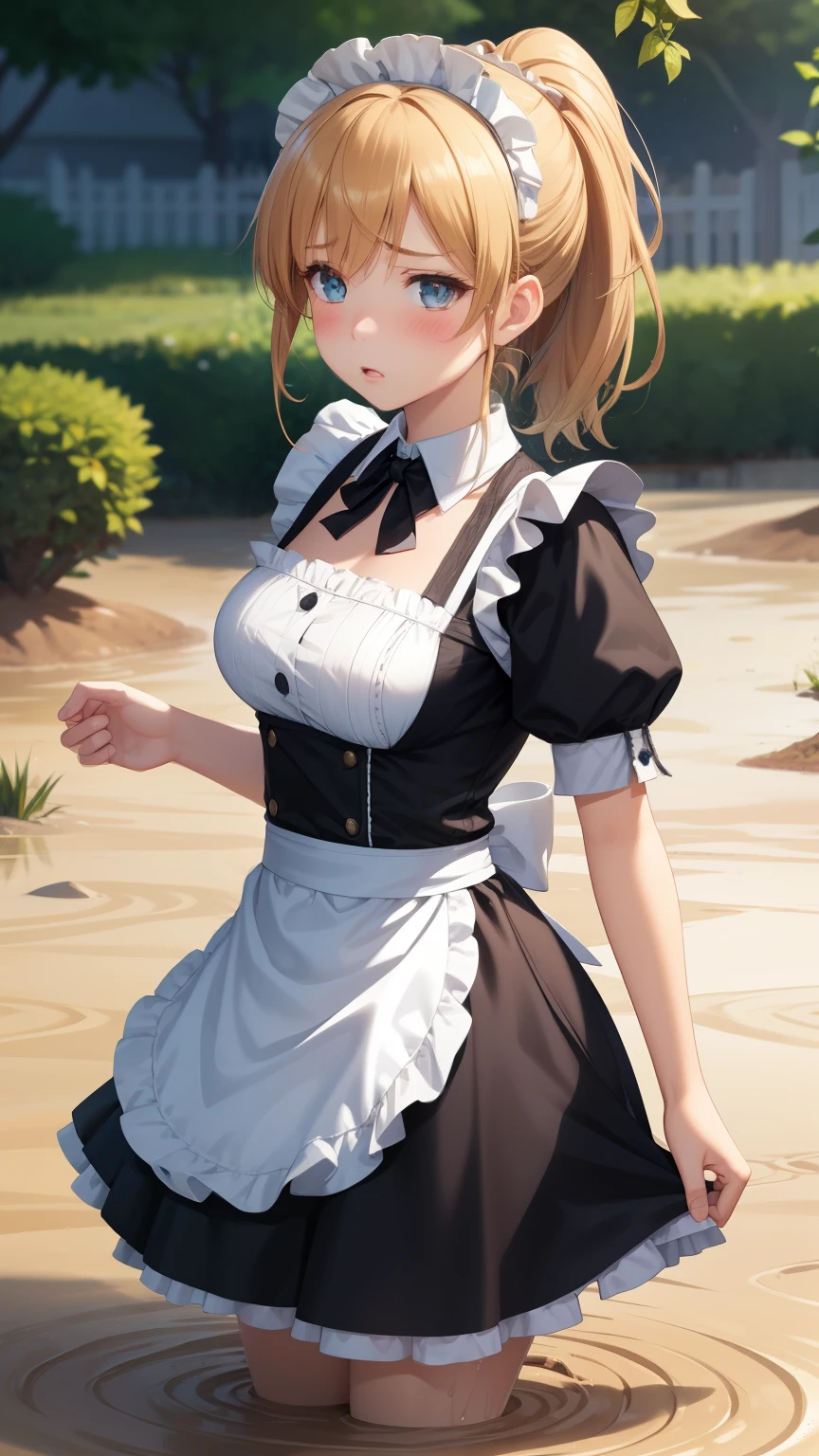 1girl, natural lighting, masterpiece, highly detailed, illustration, game CG, absurdres, high quality, aichan, large breasts, beautiful detailed eyes, medium blonde hair, ponytail, bangs, glossy lips, blush, garden, upset, (quicksand:1.2), maid, short puffy sleeves, small maid apron