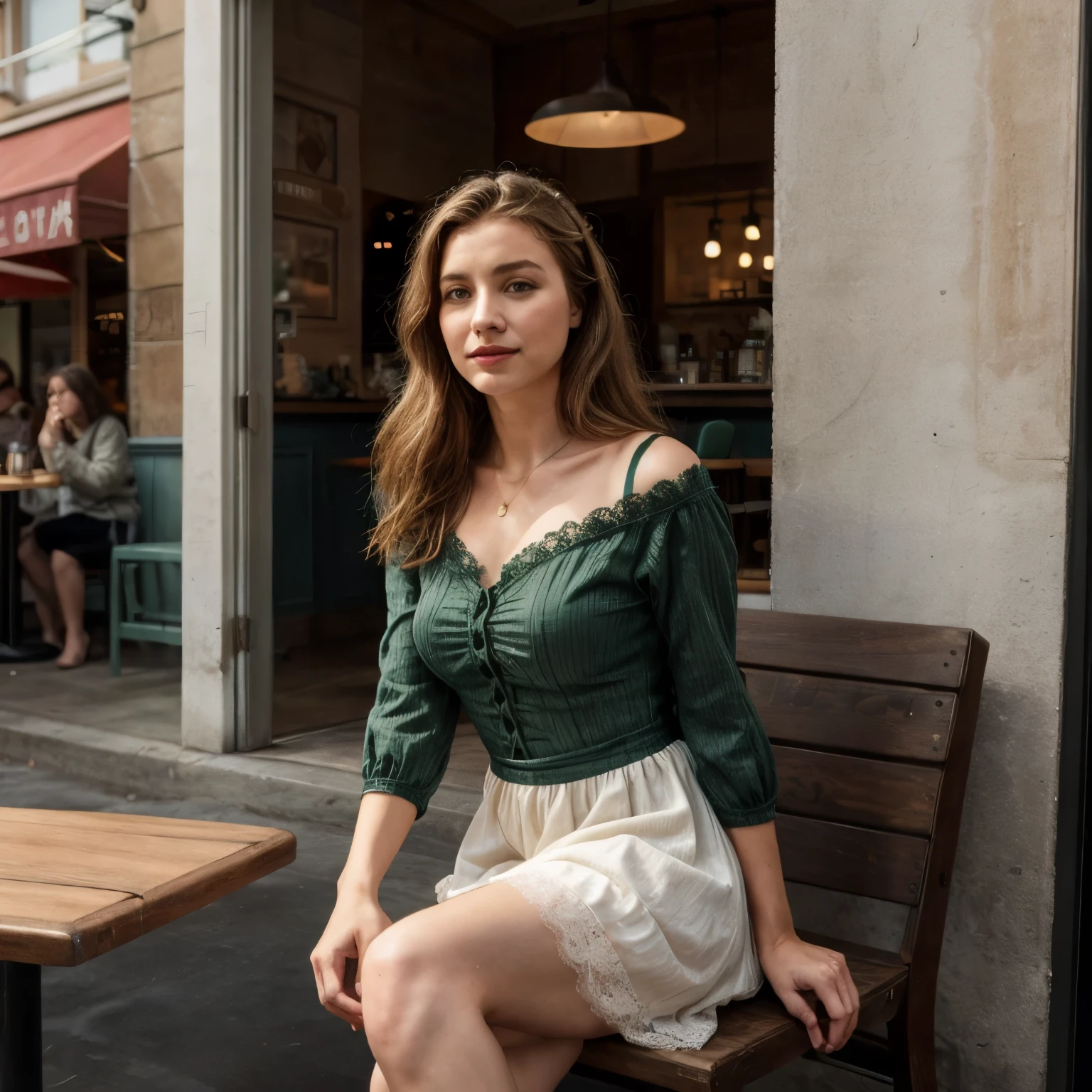 Best Quality, Masterpiece, Ultra High Resolution, (Realism: 1.4), Original Photo, 1woman slight smile blond LaGermania, sitting at a café in North Beach, San Francisco, 2024. She is wearing a 17th-century Baroque dress with a tightly laced bodice and a long, flowing skirt. The dress is made of sturdy wool and cotton, in deep green and brown tones, with simple yet elegant lace trim. Her hair is styled in loose waves, slightly damp and clinging to her face. The heavy fabric of her dress clings to her body, showing the weight and texture. The modern café setting with people in contemporary clothing provides a stark contrast to her historical attire. The bright afternoon light casts soft shadows, highlighting the intricate detailing on her dress. LaGermania's zurückhaltendes freundliches und direktes verführerisches lustvolles gut-gelaunt-lächeln adds a charming touch to the scene, creating a visually striking and humorous image that blends past and present.