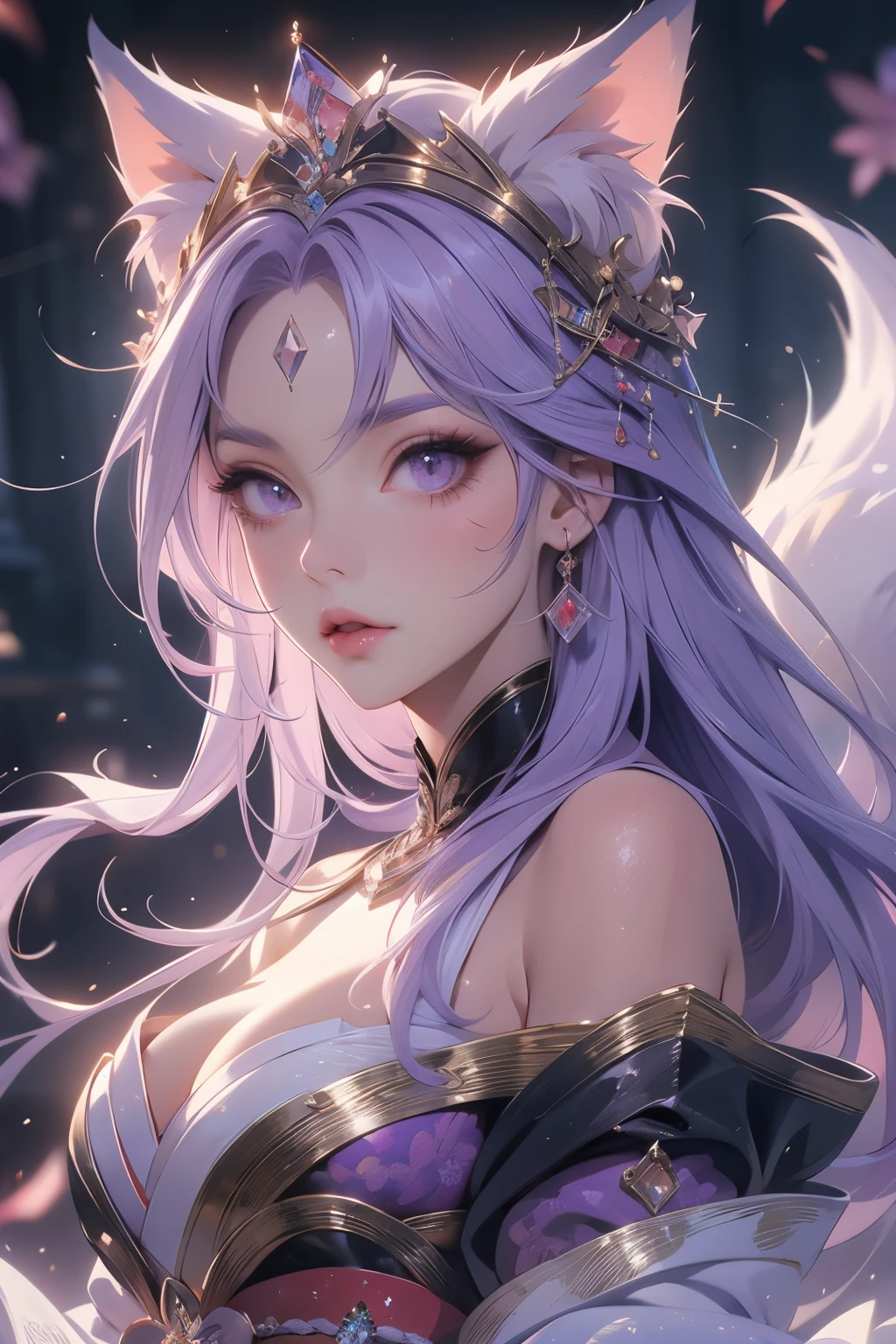 ((best quality)), ((masterpiece)), (detailed), humanoid kitsune, wearing kimono dress, diamond crown, light purple hair, light purple fox ears, crystal fox tails, crystal forehead marking