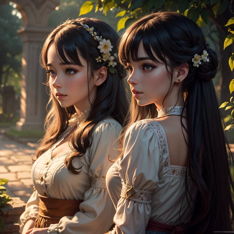 A young woman with long, flowing twin tails, beautiful detailed eyes, beautiful detailed lips, extremely detailed face, long eyelashes, wearing a colorful dress, standing in a lush, vibrant garden, (best quality,4k,8k,highres,masterpiece:1.2),ultra-detailed,(realistic,photorealistic,photo-realistic:1.37),detailed fantasy landscape, intricate details, vibrant colors, soft lighting, cinematic composition, dreamlike atmosphere