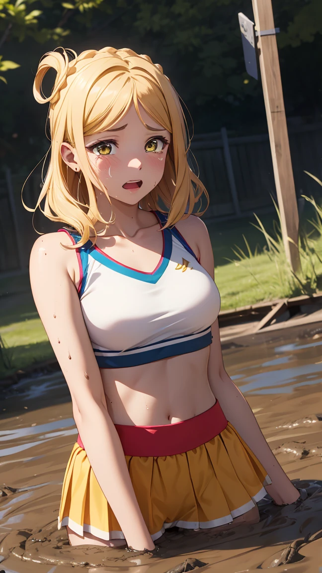 medium breasts, ohara mari, hair rings, blonde hair, yellow eyes, crown braid, medium hair,  (cheerleader:1.2, collarbone, midriff, sleeveless, miniksirt), school field, looking at viewer, cowboy shot, (masterpiece), best quality, high resolution, unity 8k wallpaper, (illustration:0.8), (beautiful detailed eyes), extremely detailed face, perfect lighting, extremely detailed CG, surprised, shocked, tears on her cheeks, (sinking in mud)