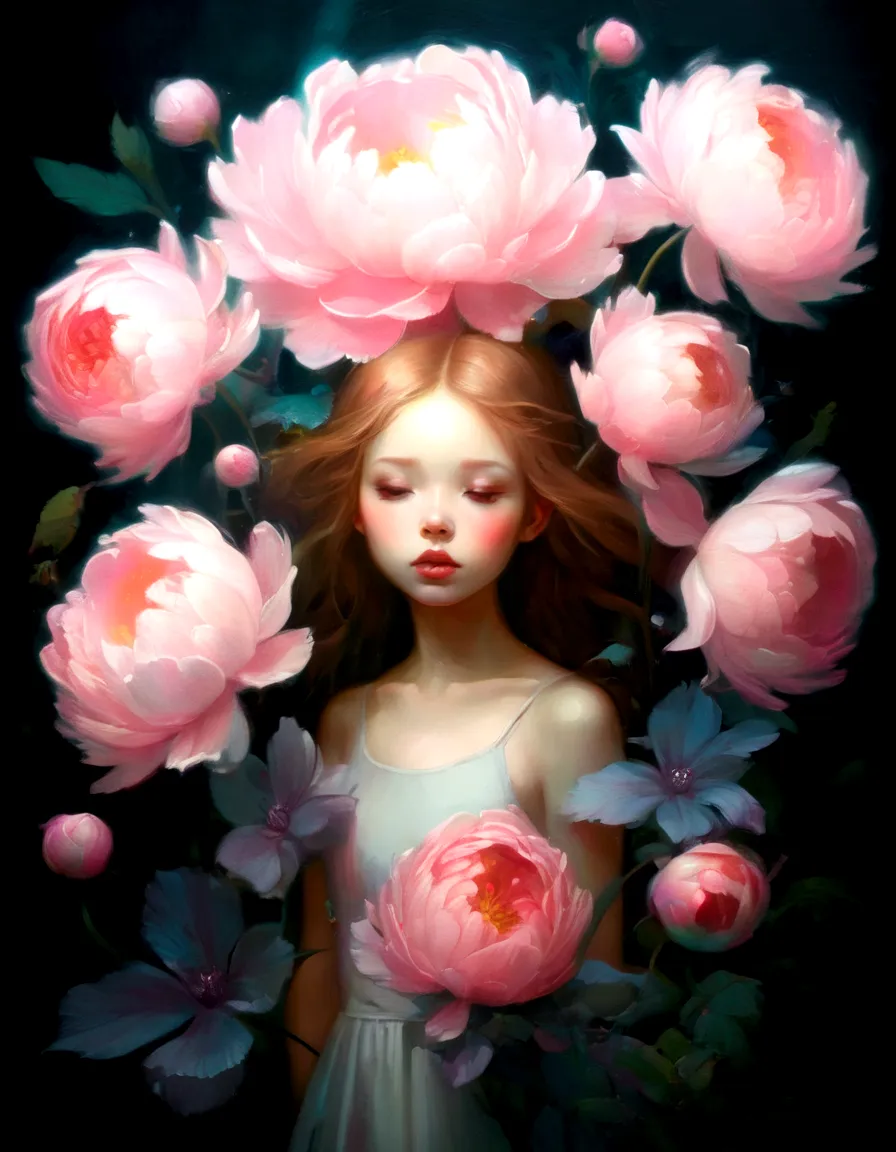 painting surrounded by pink flowers, beeple and jeremiah ketner, james jean and wlop, flower fairy research, portrait of a fairy...