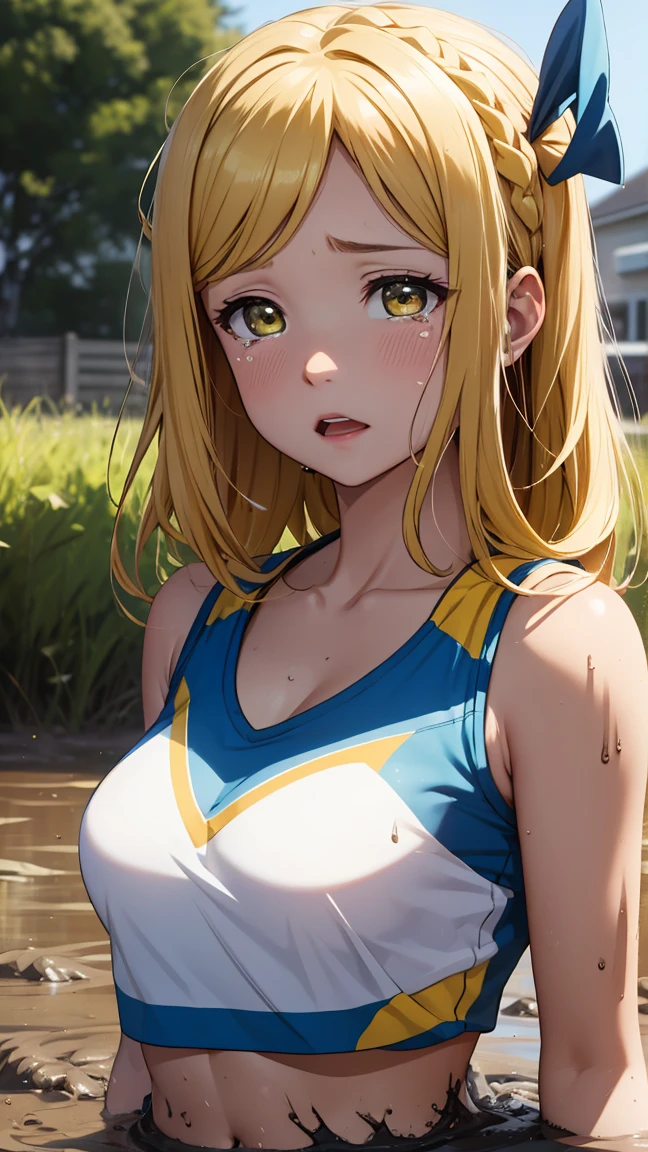 medium breasts, ohara mari, hair rings, blonde hair, yellow eyes, crown braid, medium hair,  (cheerleader:1.2, collarbone, midriff, sleeveless, miniksirt), school field, looking at viewer, cowboy shot, (masterpiece), best quality, high resolution, unity 8k wallpaper, (illustration:0.8), (beautiful detailed eyes), extremely detailed face, perfect lighting, extremely detailed CG, surprised, shocked, tears on her cheeks, (sinking in mud)