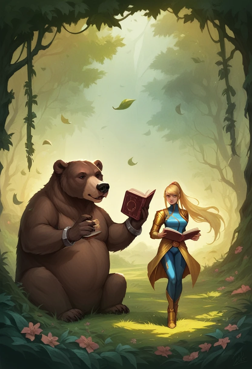 A Samus Aran female warrior with french floral leaf patterns, holding a rapier and reading a book while on the back off a grizzly bear, with long blonde pigtails, in a picturesque French countryside background, ultra-detailed, hyper-realistic, 8K, award-winning, digital art, concept art, masterpiece, cinematic lighting, vivid colors, intricate, sharp focus, photorealistic, highly detailed, volumetric lighting, depth of field, cinematic composition