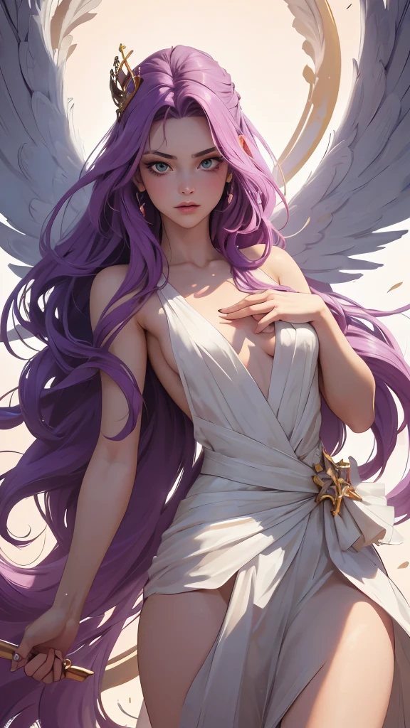 cabelo roxo (purple hair), Greek goddess, sculptural body, super detailed hand, super detailed face, hyper detailed body, No defects, (greeneyes), focused eyes, pretty detailed eyes, pale skin, blushed face, crown on head, long hair, slickedback hair, coiffure, expression of pleasure, fearless stance, partes do fully body, entire limbs, fully body, pink  hair, gorgeous fur, high resolution, 4K, lined eyes. fully body, toned thighs, small feet, Waist slender, big-ass, long white dress, small foot, role model, best qualityer, legs open, fearless pose, Point of view, wings with feather