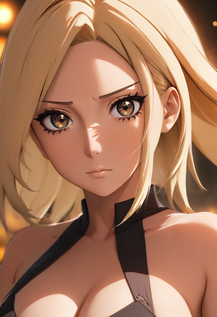 (melhor qualidade,4K,alta resolução,obra de arte:1.2),Ultra-detalhado,realista:1.37,anime,Retrato,Personagem NARuto,Tsunade,Modelo de Figura,Lindo rosto detalhado,seios grandes,marca na testa,roupa interior visível,iluminação de estúdio,renderização baseada fisicamente,cores vivas,Bokeh