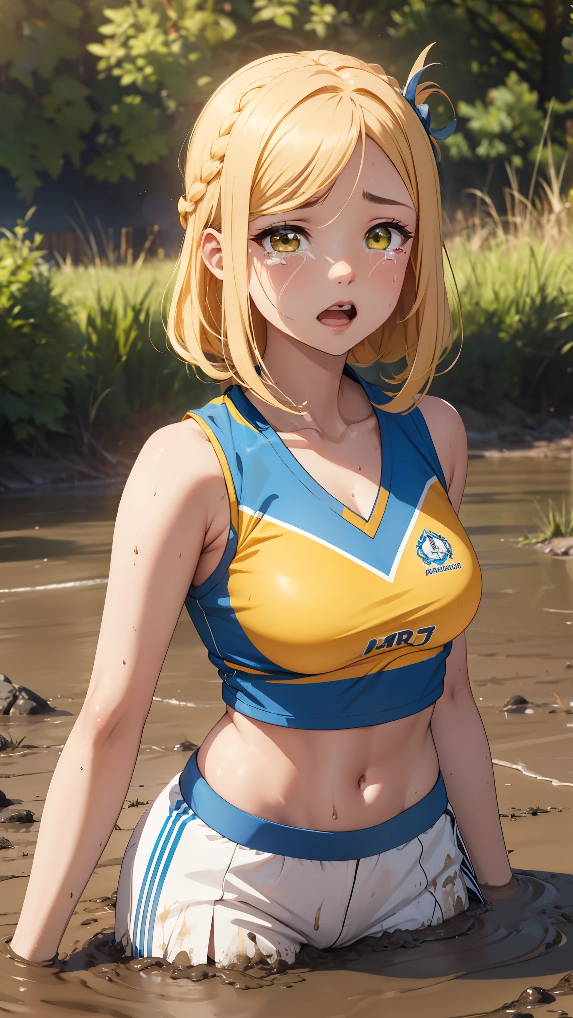 medium breasts, ohara mari, hair rings, blonde hair, yellow eyes, crown braid, medium hair,  (cheerleader:1.2, collarbone, midriff, sleeveless, miniksirt), school field, looking at viewer, cowboy shot, (masterpiece), best quality, high resolution, unity 8k wallpaper, (illustration:0.8), (beautiful detailed eyes), extremely detailed face, perfect lighting, extremely detailed CG, surprised, shocked, tears on her cheeks, (sinking in mud)