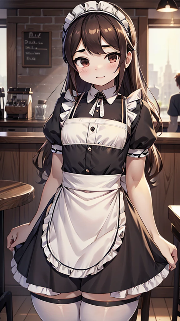 Coffee shop background，Coffee shop background，Indoor background，Tables and Chairs，Bar，Maid girl，Wearing a maid outfit，Maid headband，futanari，Hip bulge，Bulge between the thighs，cute，Long hair，Mature，charming，Bulge between the thighs，Bulge between the thighs，Hip bulge，cute，Pants，shorts，Short skirt，Culottes，Close-up shot from waist up