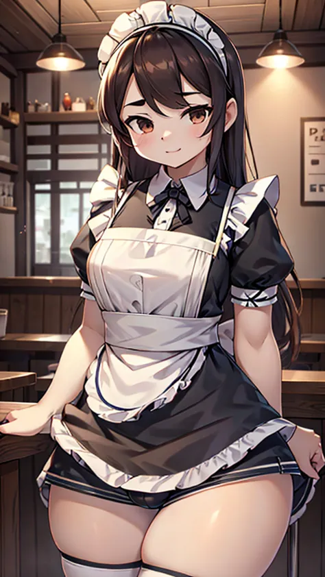 Coffee shop background，Coffee shop background，Indoor background，Tables and Chairs，Bar，Maid girl，Wearing a maid outfit，Maid headb...