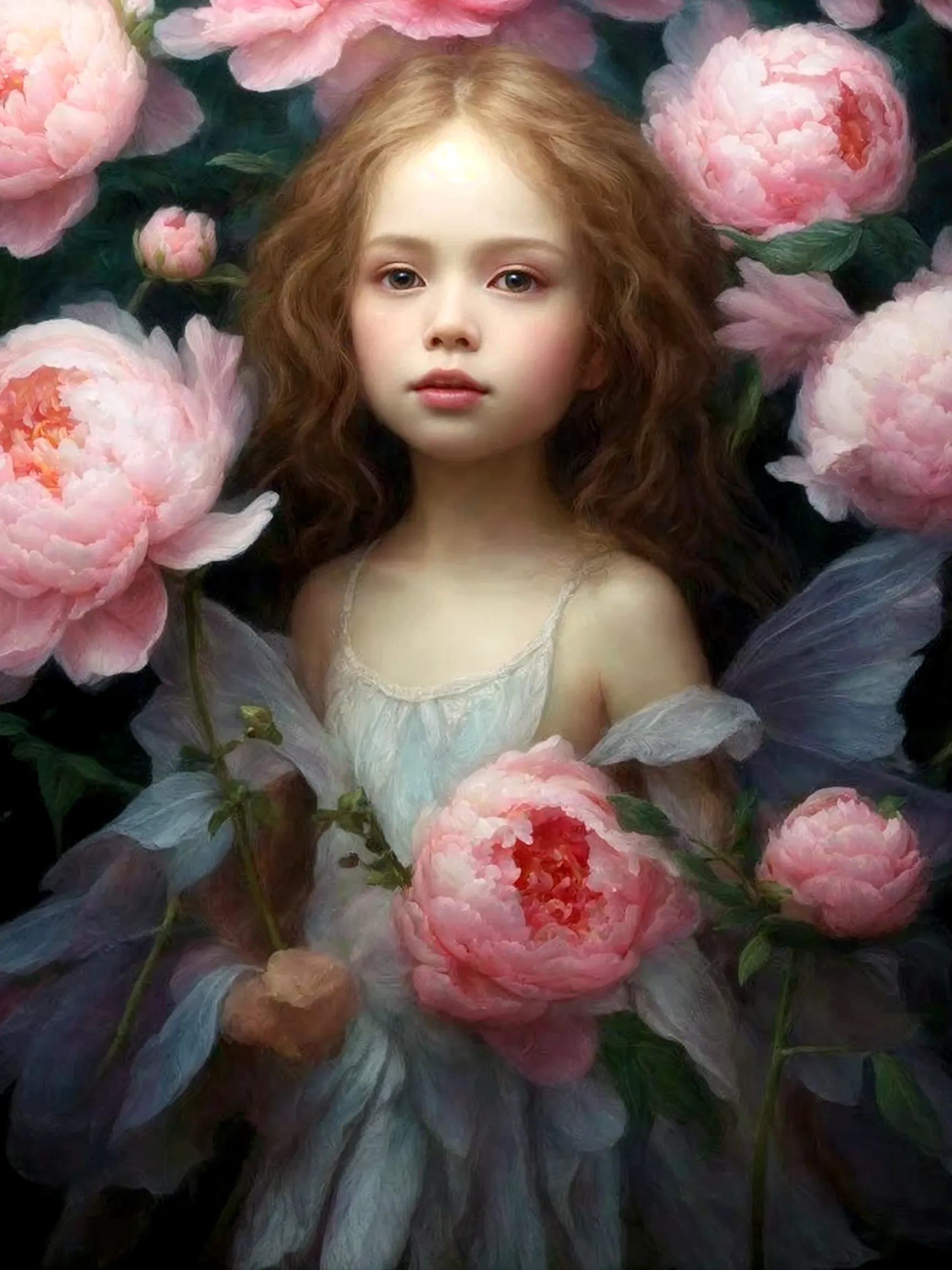 beautiful baby face, Wavy hair, large peonies, Beeple and Jeremiah Ketner, James Jean and Wlop, flower fairy research, portrait ...