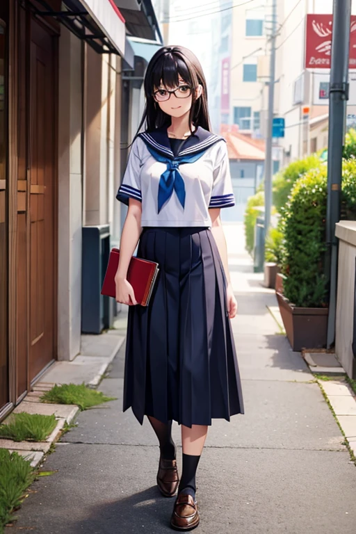 Anime Art、Full body portrait、high school student、A well-built woman, about 175cm tall and about 18 years old, wearing a short-sleeved sailor uniform, walking with a book、Smiling、Hairstyle is medium、Black Hair、Glasses、Brown eyes、Flat chest、loafers、legs are thick、Long skirt that reaches down to the ankles、Black Pantyhose