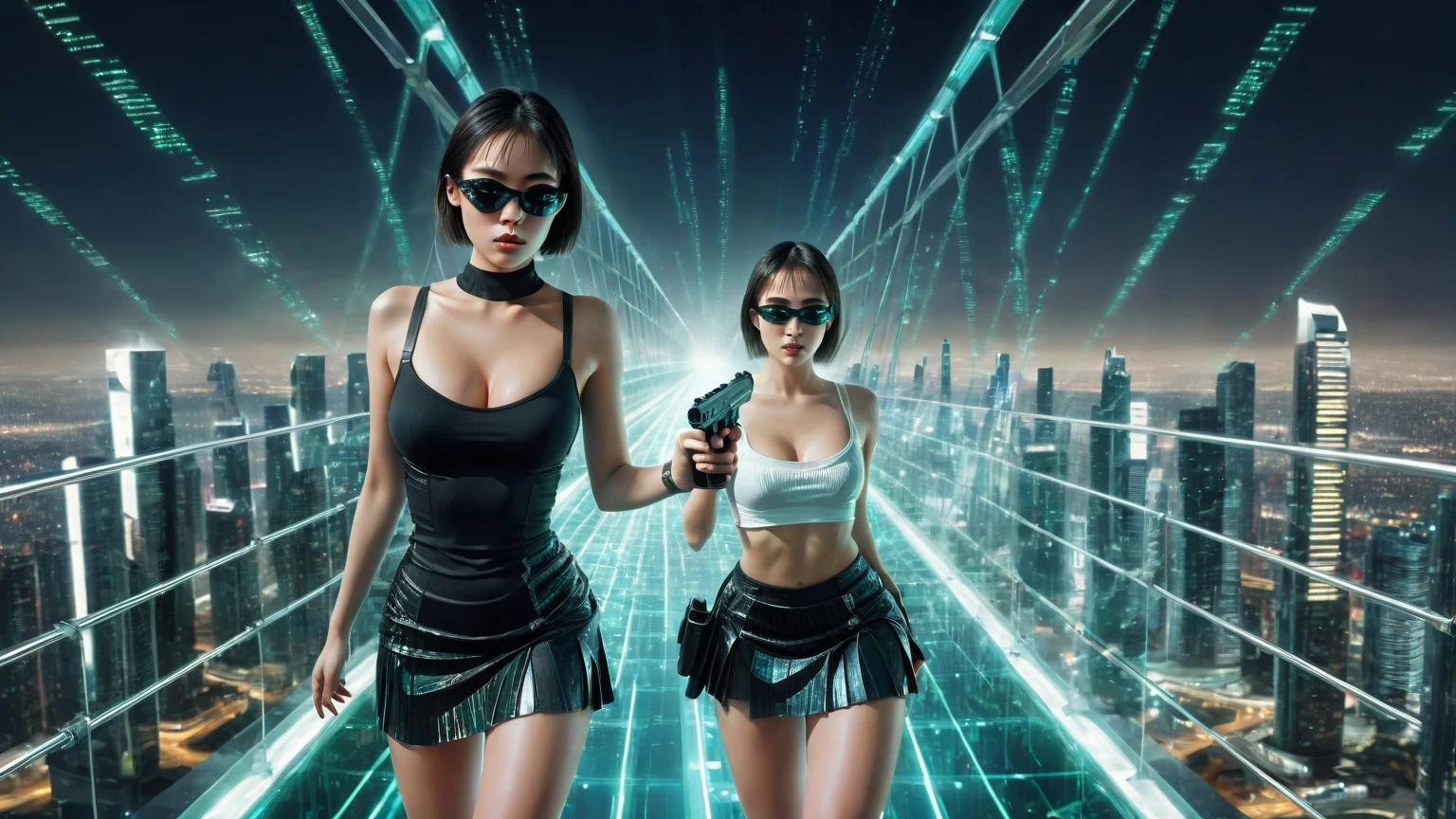 aerial view. sci-fi all-glass sky bridge, circuit hologram buildings, Matrix cascading code. At night, dark sky, (1girl, solo))), photo realistic, (large-breast:1.3 slim body, cleavage:1.2), (((tube top, very short pleated miniskirt))), (((((matrix style black sunglasses))))), (((aiming at camera with a mini pistol))), (looking at camera), (((((half-body (thigh level) medium shot))))), (cinematic lighting).