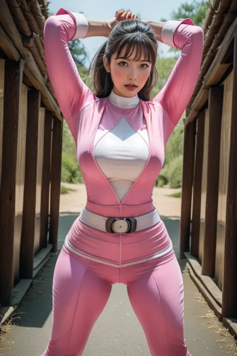 pink theme，pink ranger suit、curvy, big breats,  full body, tied on saint andrew's cross in x position