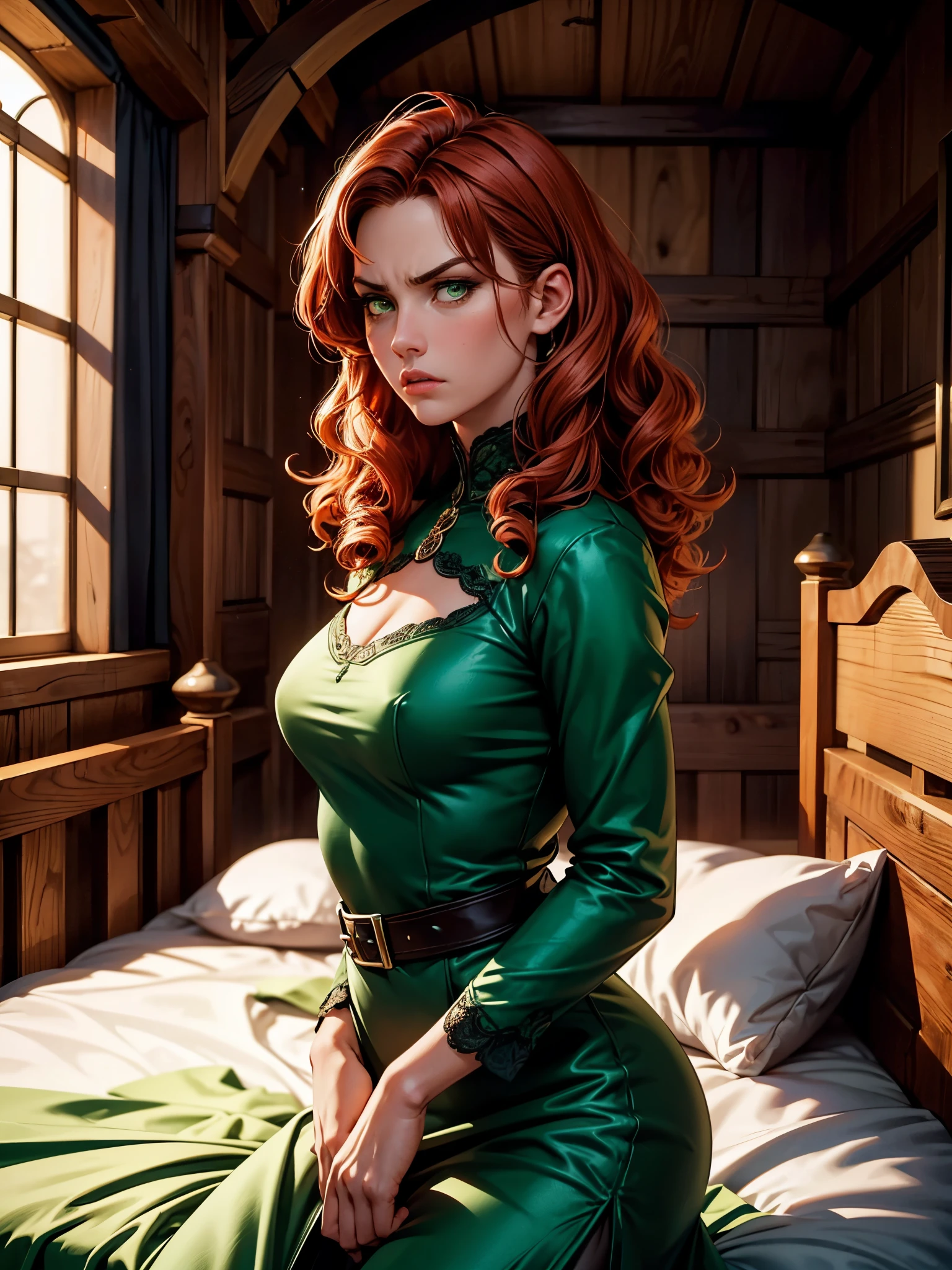 (في المساء, ضوء ضعيف) بشرة عادلة, امرأة تبلغ من العمر حوالي 19 عامًا, شعر أحمر مجعد, عيون خضراء مميزة, wearing a جميل medieval green dress, نحيلة ورشيقة, جميل, وجه غاضب, في سرير غرفة من العصور الوسطى, تركيز حاد للغاية, لقطة واقعية,, نظرة قائظ, الإغراء,
