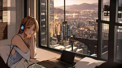 A girl is listening to music on a computer by the window. Outside the window is a night city.