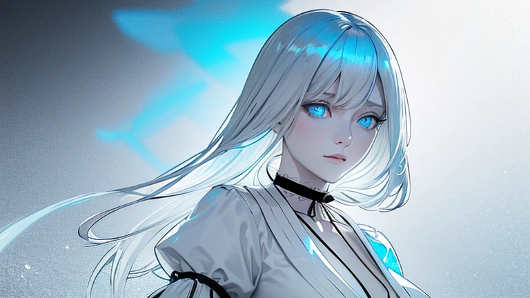 a beautiful detailed woman, 1 girl, long straight light blue gradient hair, glowing light blue eyes, wearing a modern white blouse and black dress, covered in data particles, locked choker around her neck, best quality, highly detailed, photorealistic, 8k, masterpiece, intricate digital dataflow, soft light blue gradient, cinematic lighting