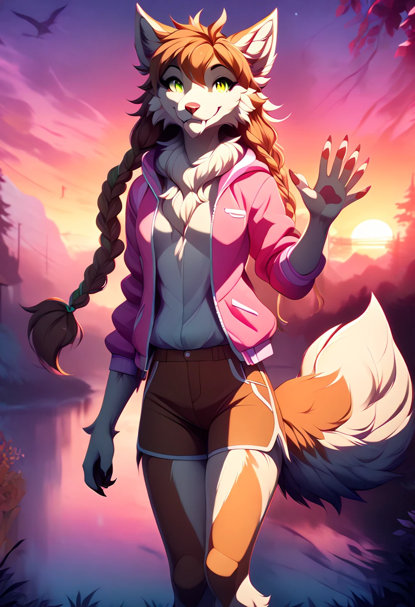 werewolf, anthropomorphic beast, caramel and light green pupils, fluffy brown and white fur. 
brown shorts with pocket and neon pink jacket. 
looking at the viewer, smiling and waving. 
in the background a gradient sunset, Masterpiece, 4k HD, digital illustration.