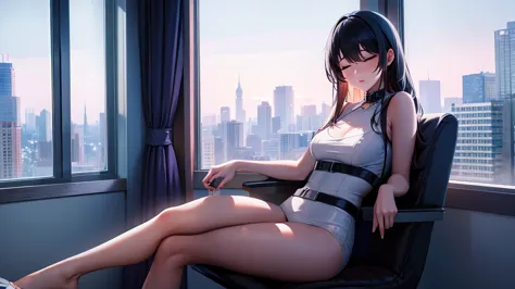A sexy girl is sitting in a chair by the window listening to music with her eyes closed. Outside the window is a night city.