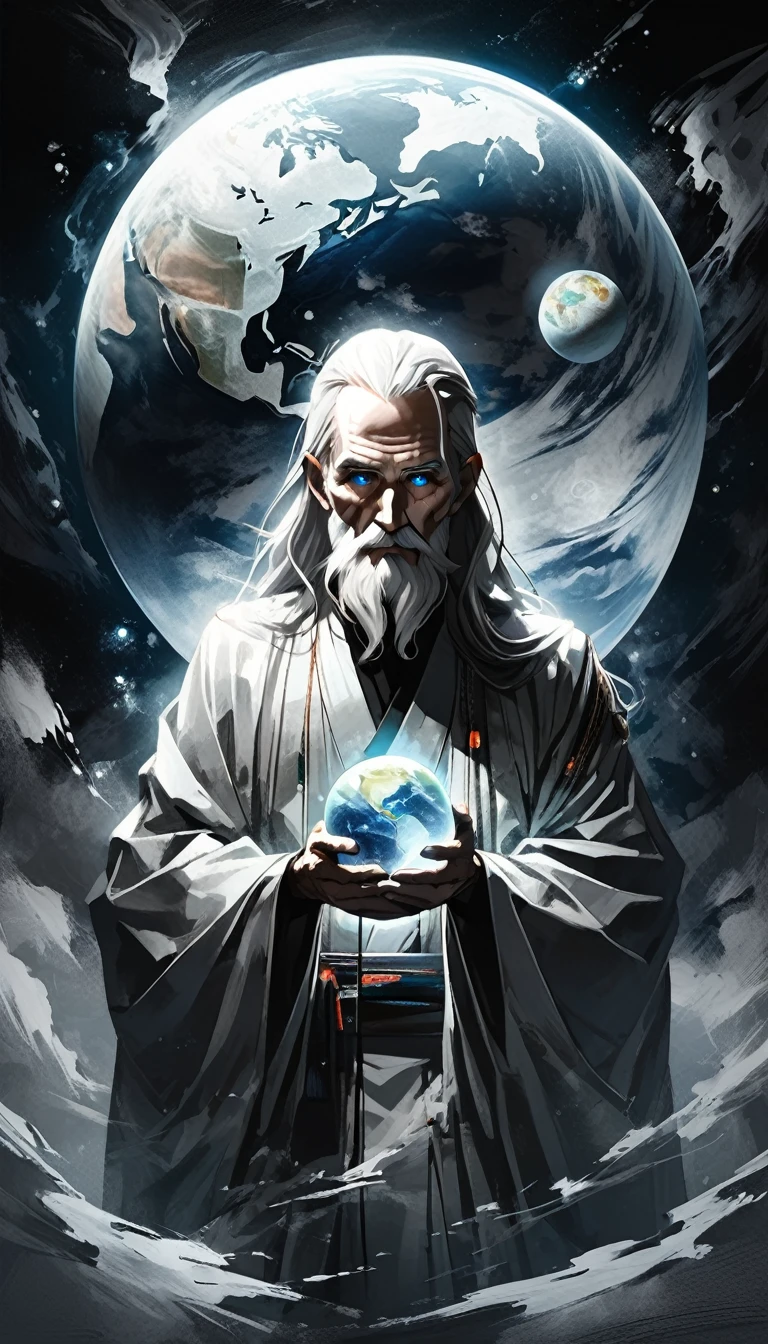 glow ball in hands,dark, dark atmosphere, deep shadow, shadow, spirit, portrait Elderly Man in (gray kimono) holds in his hands the planet earth, outer space, vishai, a giant grandfather between whose hands is the earth, geometric composition, Elderly, [Nordic] anorexic , Long gray hair, Old white skin, Round glow blue eyes, Oval faces, anorexic small neck, Thin nude Lips, Bold Tapered gray Eyebrows, snub nose, Hunched Shoulders, Slim Thighs, anorexic Slim arms legs and breast, High Angled Cheekbones, Hollow Cheeks, Rounded Chin, Rounded Jawline, Attached Pointed ears, round forehead, Designer Stubble gray whiskers, triangular small gray hair beard, graphic style of novel comics,dark novel style, comic, 2d, 8k, hyperrealism, masterpiece, high resolution, best quality, ultra-detailed, super realistic, Hyperrealistic art, high-quality, ultra high res, highest detailed, lot of details, Extremely high-resolution details, incredibly lifelike, colourful, soft cinematic light,