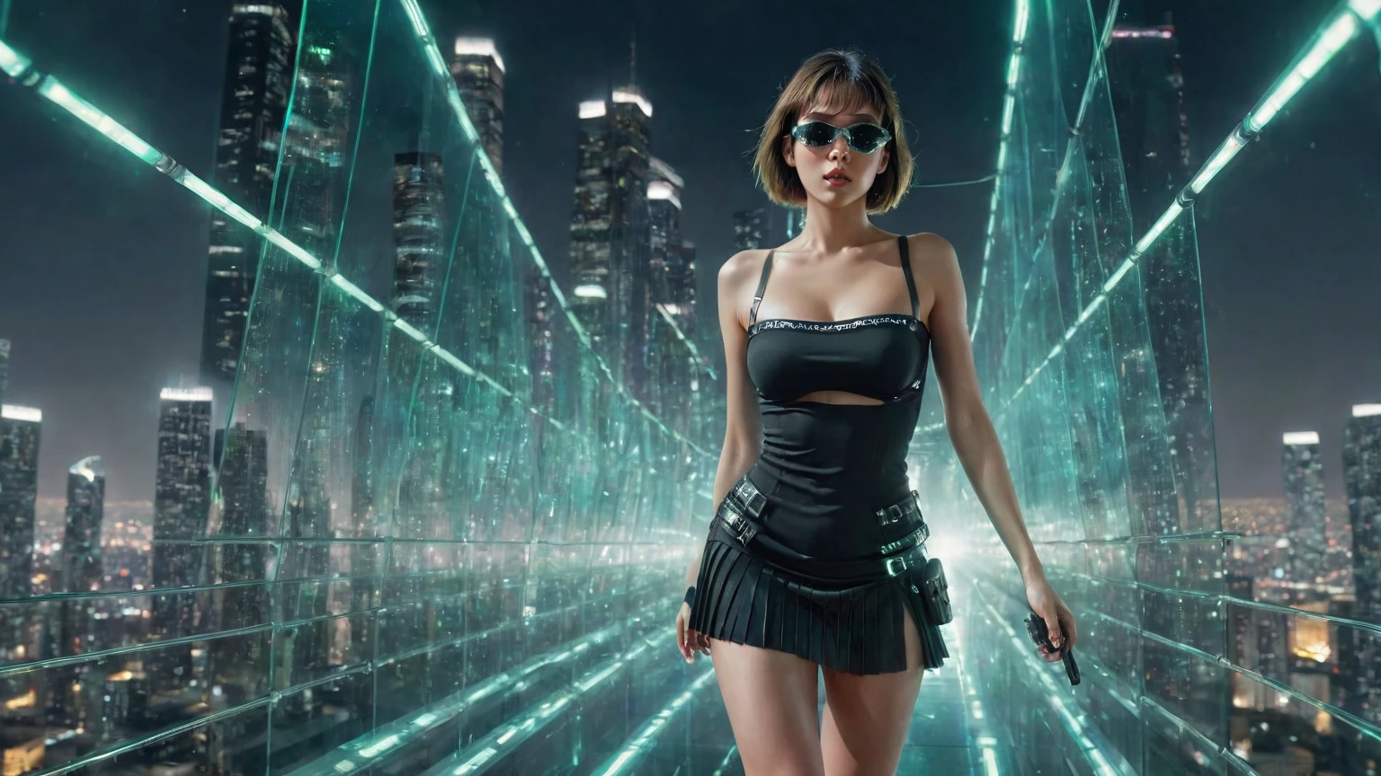 Aerial view, sci-fi all-glass sky bridge, circuit hologram buildings, Matrix cascading code. At night, dark sky, (((1girl, solo))), photo realistic, (large-breast:1.3 slim body, cleavage:1.2), (((tube top, very short pleated miniskirt))), (((((matrix style black sunglasses))))), (((aiming at camera with a mini pistol))), (dynamic pose, looking at camera, low angle view), (((((half-body (thigh level) medium shot))))), (cinematic lighting).