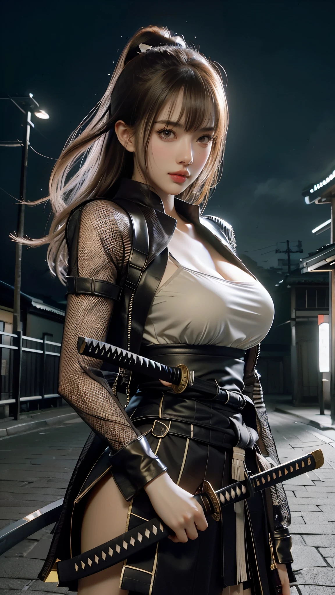 1girl,Tokyo Street,night,cityscape,facial details,city lights,half body view,big ,cleavage,8k,RAW photo,best quality,masterpiece,realistic,photo-realistic,best quality,masterpiece,very high resolution  , (photorealistic:1.3 ), 8K, raw photo, 1girl, ninja armor, outdoors, old Japanese town, from below, (holding katana:1.2), katana, ninja girl, natural skin texture, samurai, skin pores  , natural skin texture, dynamic pose, film grain, 