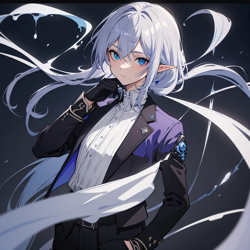 Cool blue-purple heterochromia, Male Elf, Wearing a white shirt, Black slacks, and black gloves, Silver straight hair, (Highest quality,8K,High resolution,masterpiece), Highly detailed facial features, Intricate details, Natural light, Warm colors, Soft Focus, Digital Painting, Fantasy art