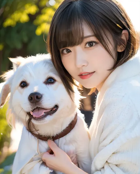 being with a dog、a girl and a dog warming themselves by a bonfire、lens flare、hair blowing in the wind、medium short hair、、express...